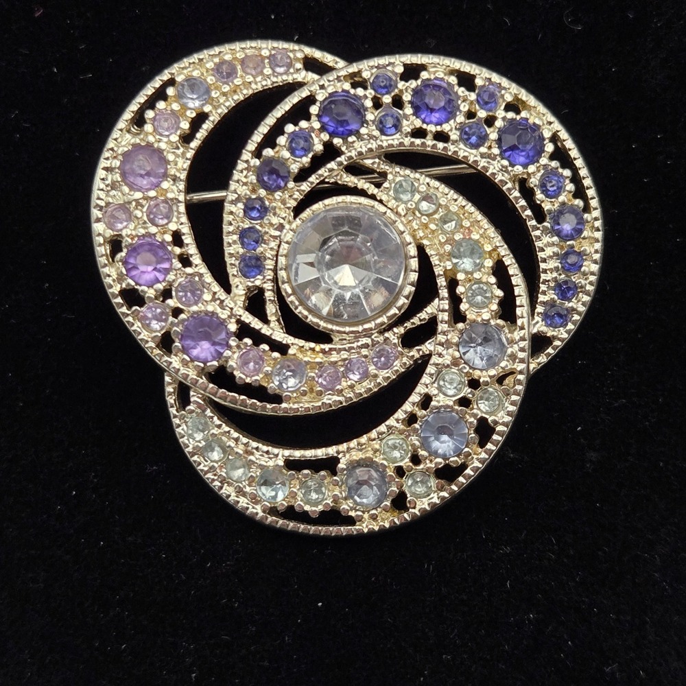 1.75in Rhinestone Swirl Brooch Purple Blue Silver Tone Vintage Mid-Century